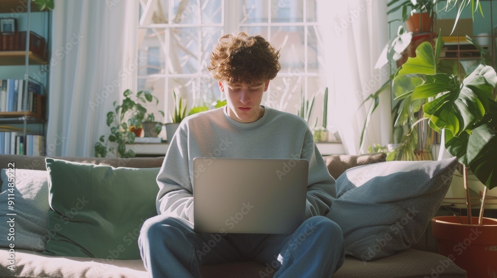 Student Relaxing and Browsing on Laptop in Stylish Living Room Student Relaxing and Browsing on Laptop in Stylish Living Room