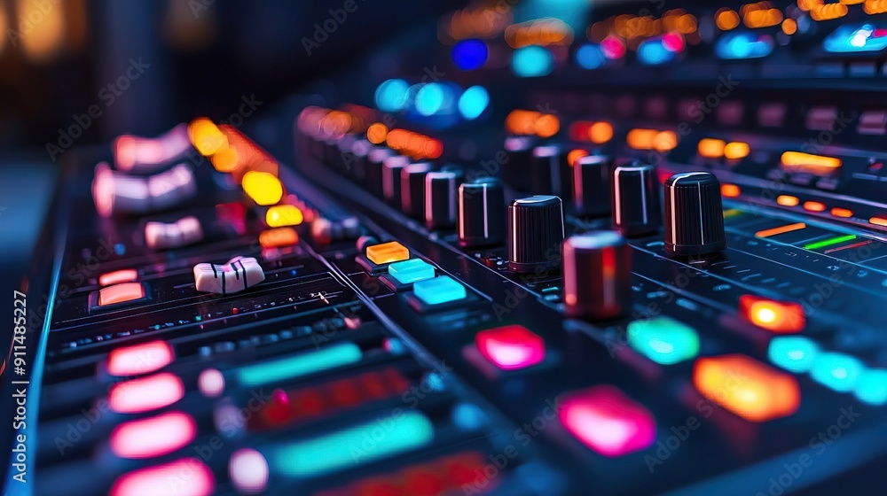 A close-up of a vibrant audio mixer with colorful lights, perfect for music production and sound engineering visuals. A close-up of a vibrant audio mixer with colorful lights, perfect for music production and sound engineering visuals.