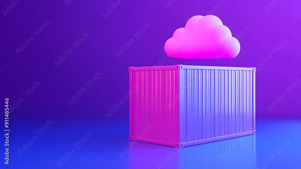 Digital 3D rendering of a bright shipping container and cloud on a blue and purple background, symbolizing cloud computing and storage. Digital 3D rendering of a bright shipping container and cloud on a blue and purple background, symbolizing cloud computing and storage.