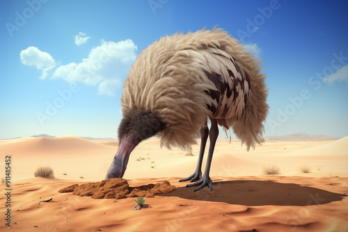 An ostrich hide his head into the sand dune with Australian desert at background. Illustration of a phrase: 