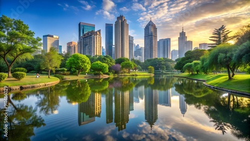 Urban Oasis: A Gleaming Cityscape with Tranquil Park and River  AI Generated