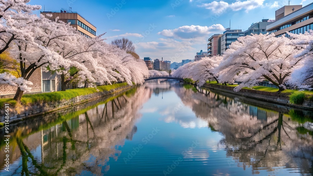 Fototapeta premium Tranquil Blossoms: A Serene Reflection of Cherry Blossoms on the Okawa River Generative AI