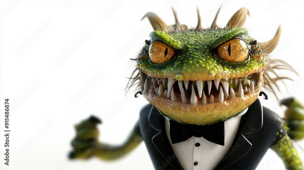 A green monster with a big mouth and a black bow tie A green monster with a big mouth and a black bow tie