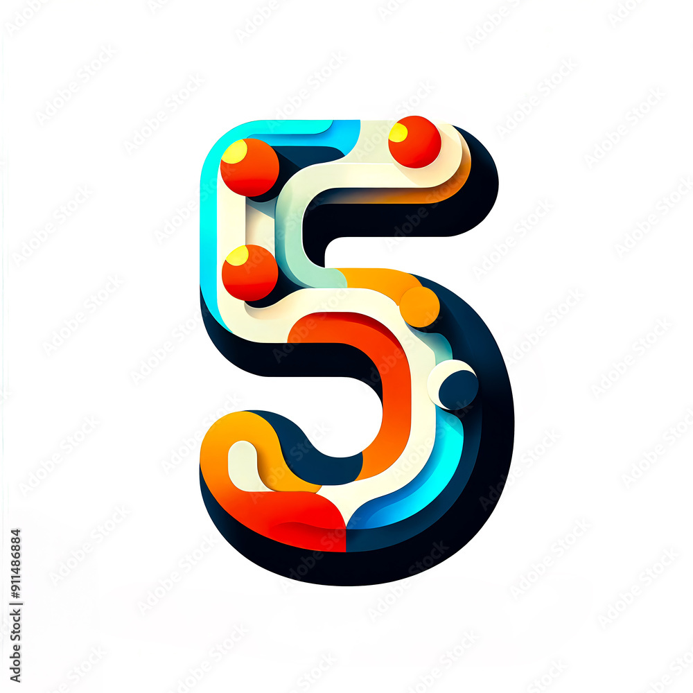 Naklejka premium Multicolored symbolic isolated illustration of number 5 on white background. 