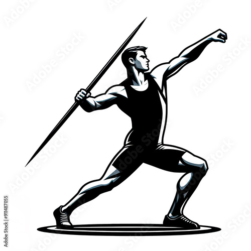 Isolated black and white vector illustration of male athlete competing in javelin throw on white background.	