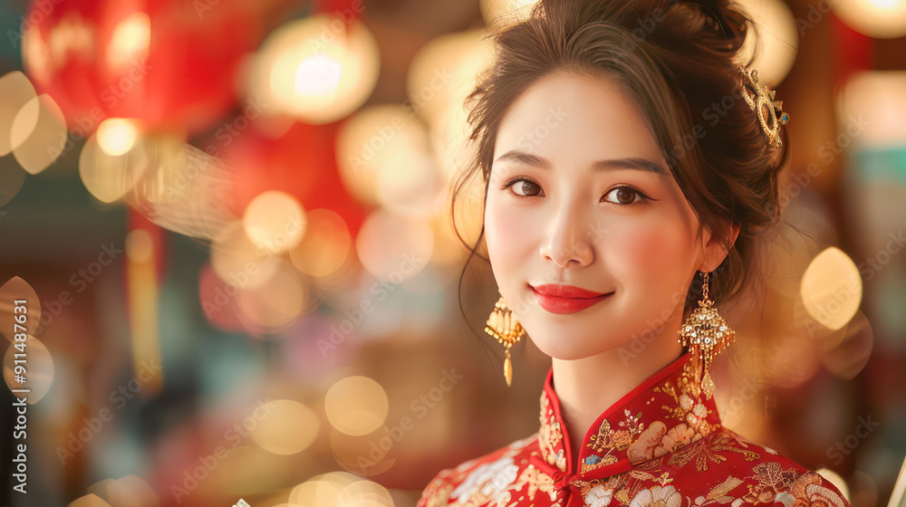Woman in traditional attire with lanterns for Moon Festival.Generative AI Woman in traditional attire with lanterns for Moon Festival.Generative AI