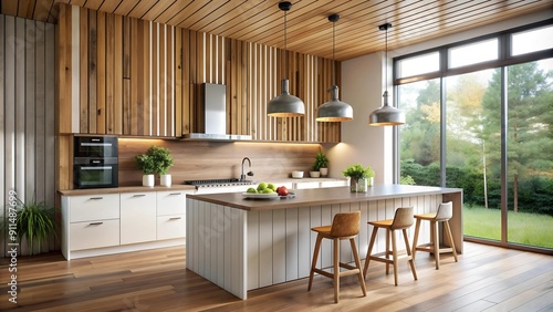 Reclaimed Timber Acoustic Wall for a Modern Farmhouse Kitchen: A Blend of Rustic Charm and Contemporary Style  generative AI photo