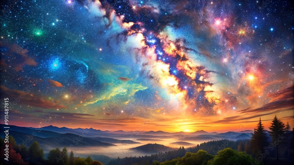 Naklejka premium Celestial Tapestry: A Night Sky of Vibrant Hues Generative AI