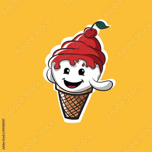 Kawaii cartoon ice cream character isolated on white background. Funny cute vector food illustration for kids textile logo or printing on any surface. Sweet food sugar and tasty desert