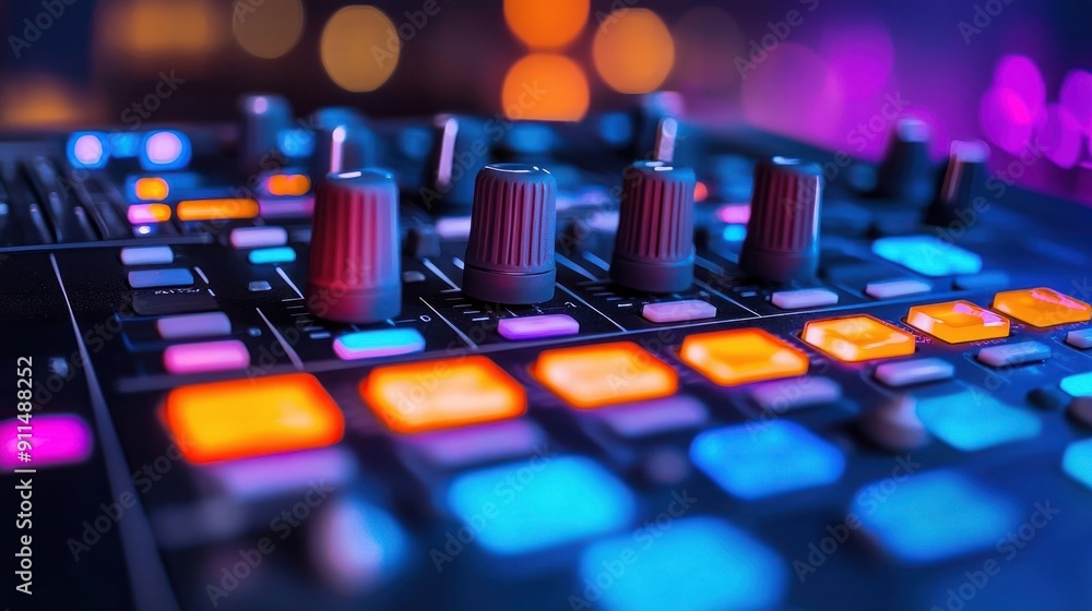 Vibrant close-up of a music mixer with illuminated buttons and knobs, showcasing a colorful atmosphere for audio production art. Vibrant close-up of a music mixer with illuminated buttons and knobs, showcasing a colorful atmosphere for audio production art.