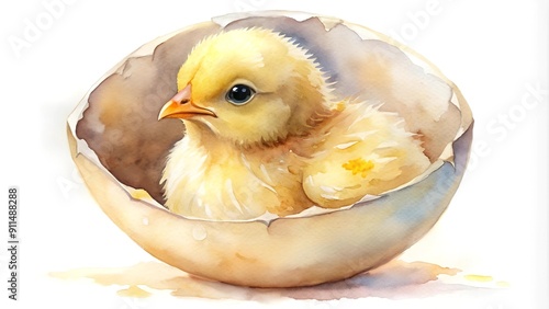 A Tiny Chickling's First Home: A Watercolor Dream of a Newborn Chicken Inside a Fragile Eggshell  AI Generated photo