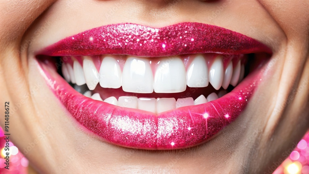Obraz premium Close-up of a sparkling, healthy smile with white teeth and pink gums, dental hygiene, oral health, dentist