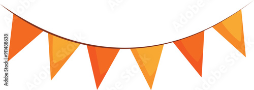 Festive string of orange flags is hanging on a rope against a white background