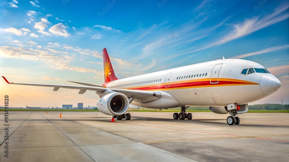 Obraz premium Hainan Airlines Airbus A330 at Beijing Capital International Airport - A Symphony of Silver and Blue AI Generated