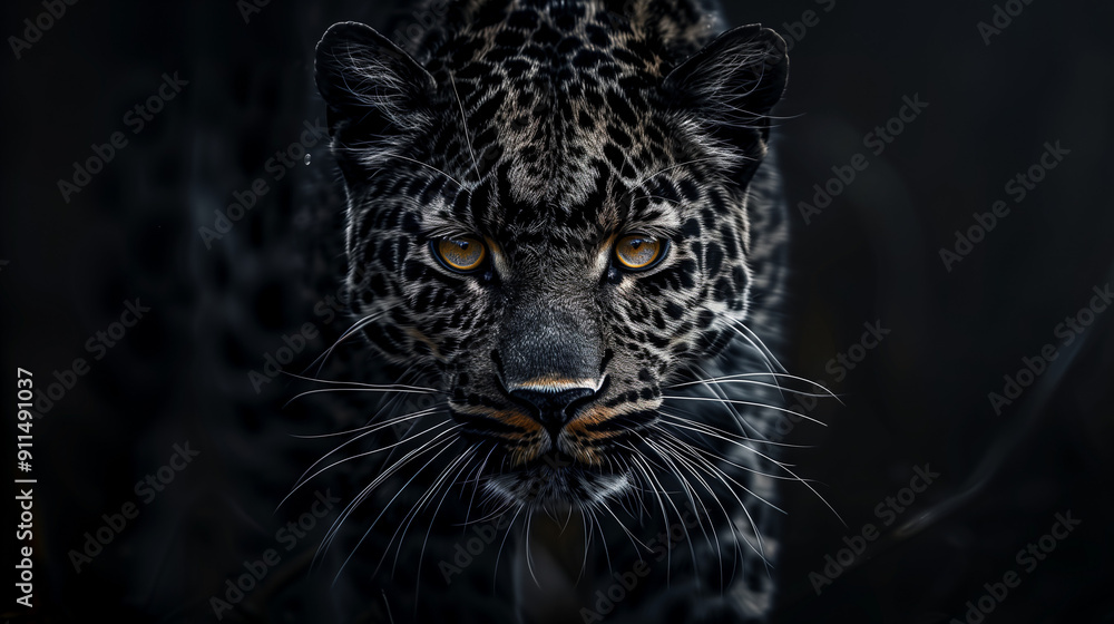Close-up of a leopard with piercing yellow eyes, staring intently in a dark setting, emphasizing its majestic and powerful presence Close-up of a leopard with piercing yellow eyes, staring intently in a dark setting, emphasizing its majestic and powerful presence