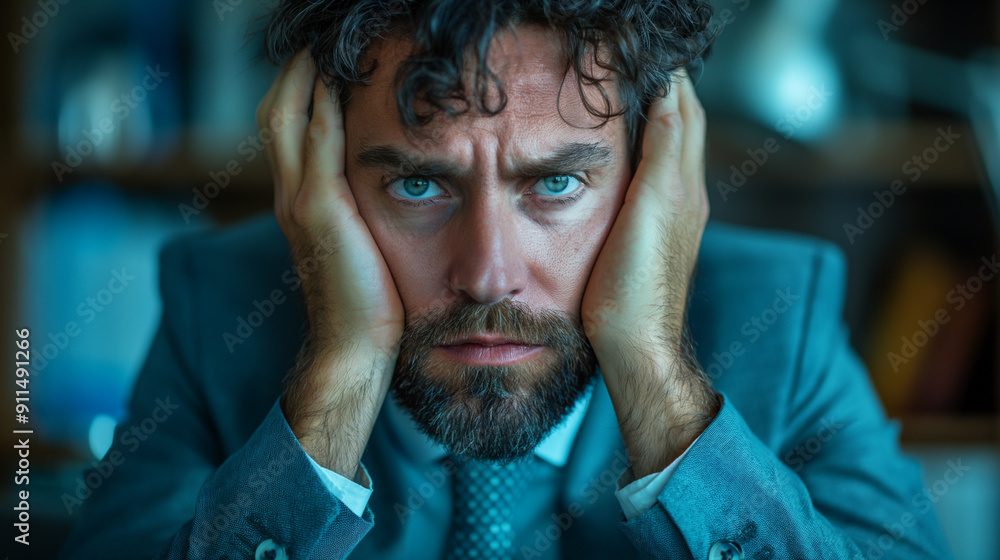 Frustrated businessman with head in hands sitting at desk. Generative AI Frustrated businessman with head in hands sitting at desk. Generative AI