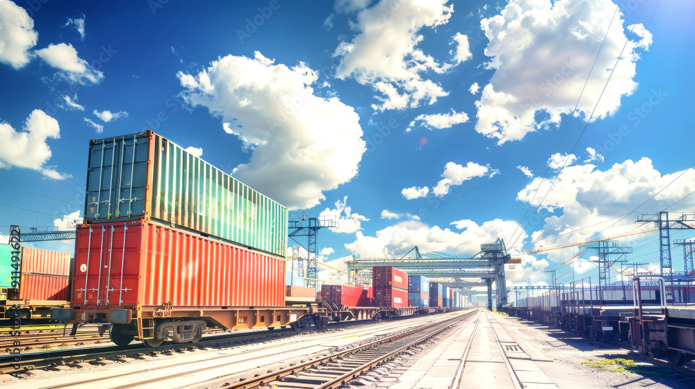 A freight train loaded with vibrant containers stands ready at the shipyard, capturing the essence of global logistics under a clear blue sky A freight train loaded with vibrant containers stands ready at the shipyard, capturing the essence of global logistics under a clear blue sky