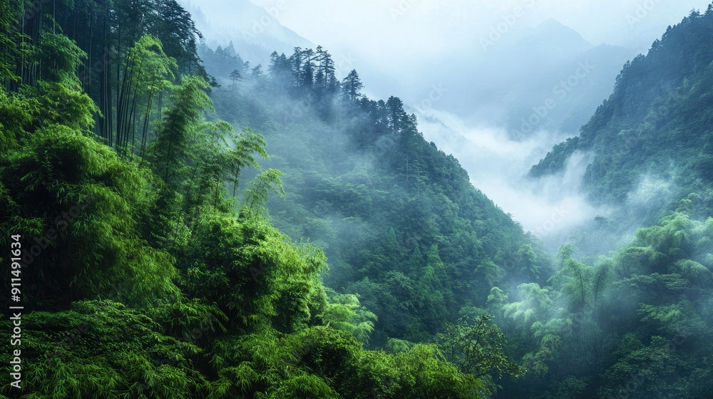 Misty mountain bamboo forest with lush green vegetation, creating a serene and peaceful landscape Misty mountain bamboo forest with lush green vegetation, creating a serene and peaceful landscape