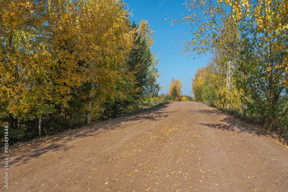 Rural dirt road in autumn. In autumn, trees with yellowed leaves grow along the country road. Trees with yellow leaves and a blue sky. Traveling by car in rural areas. Rural dirt road in autumn. In autumn, trees with yellowed leaves grow along the country road. Trees with yellow leaves and a blue sky. Traveling by car in rural areas.