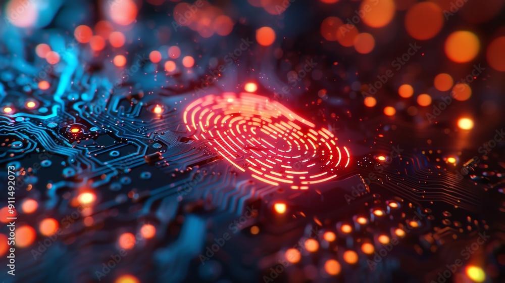 Fingerprint scanner on a circuit board, closeup, futuristic design, vibrant blue and red lighting Fingerprint scanner on a circuit board, closeup, futuristic design, vibrant blue and red lighting