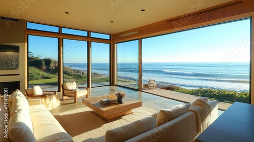 Fototapeta Naklejka Na Ścianę i Meble -  Oceanfront beach house with stunning views of the sea and beach, bathed in sunlight