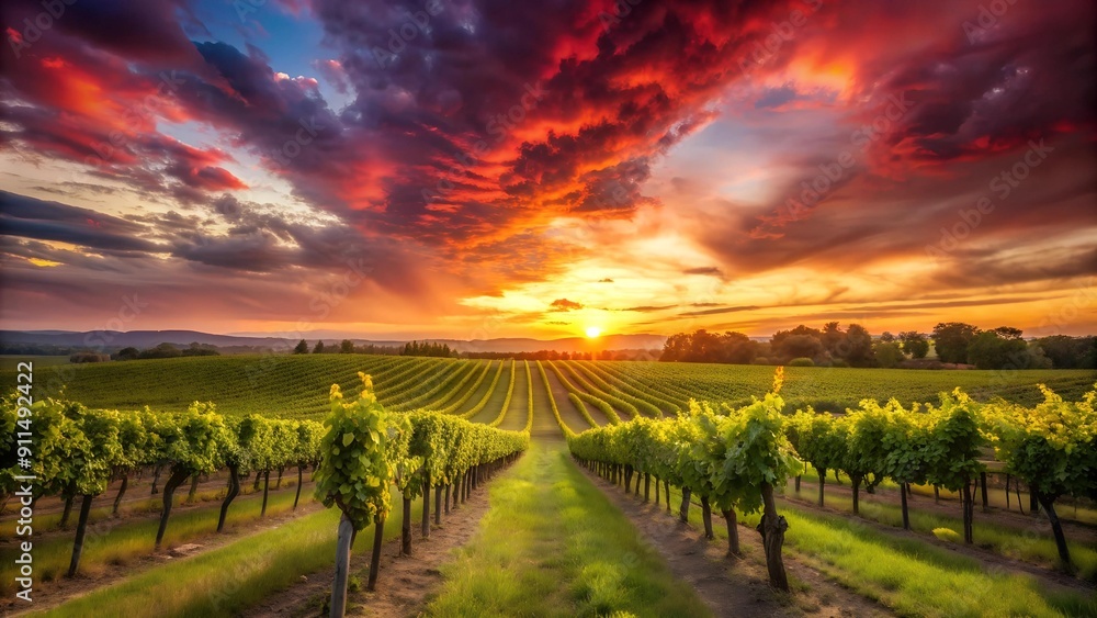 Naklejka premium Crimson Sunset Over Vineyard Rows AI generated