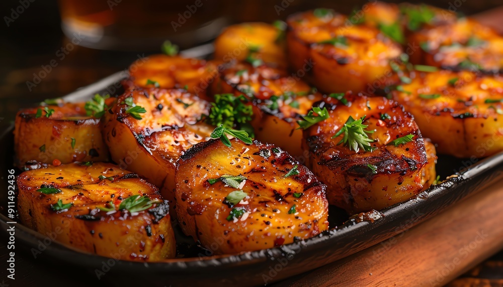 Grilled plantains garnished with parsley, black background, closeup Grilled plantains garnished with parsley, black background, closeup