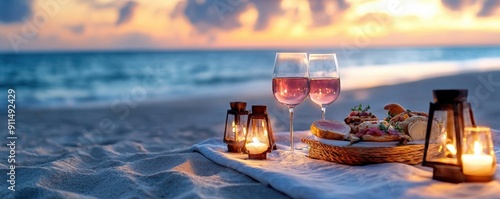Romantic beach picnic with wine and snacks, illuminated by lanterns at sunset, creating a serene and cozy atmosphere.
