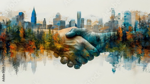 Double exposure businessmen team ,partner handshake to work agreenment about real estate . 
 They wearing suite business uniform with blur cityscape , money and building background. ai generated 