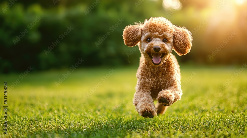 Playful brown poodle dog enjoying a sunny day in the garden, running over the green meadow Playful brown poodle dog enjoying a sunny day in the garden, running over the green meadow