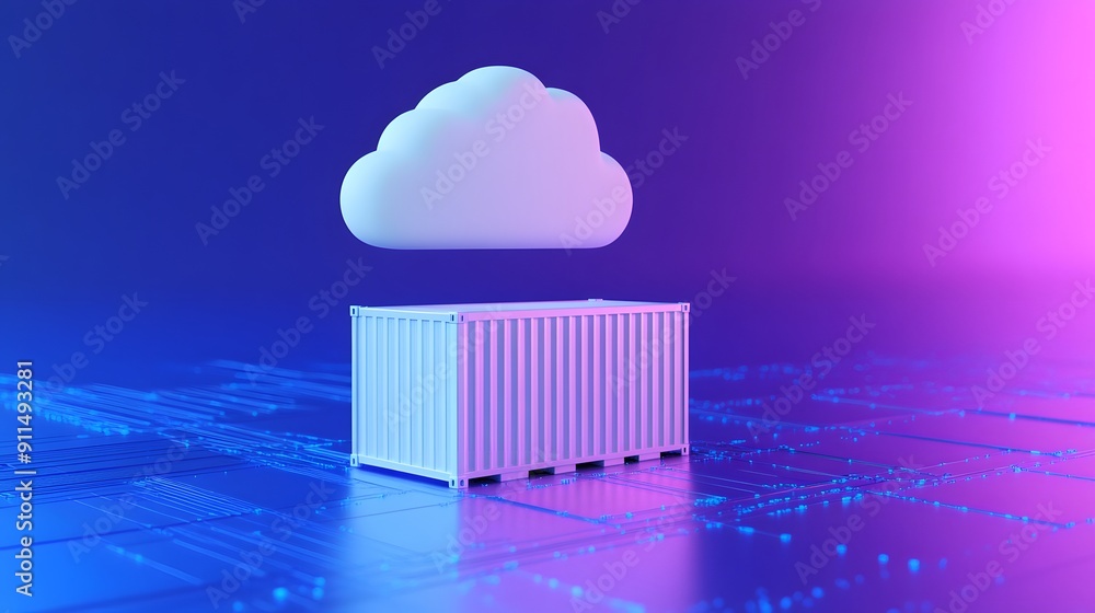 Digital cloud technology concepts with a container on a futuristic neon background. Ideal for cloud computing and server storage visuals. Digital cloud technology concepts with a container on a futuristic neon background. Ideal for cloud computing and server storage visuals.