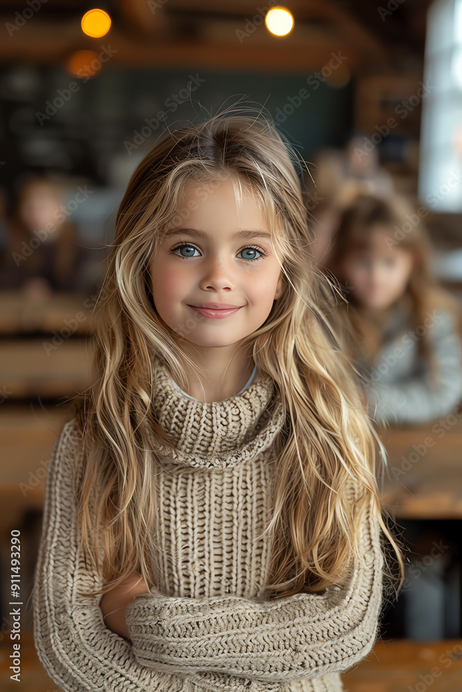 Smiling girl in a cozy classroom, wooden tables, soft light Smiling girl in a cozy classroom, wooden tables, soft light