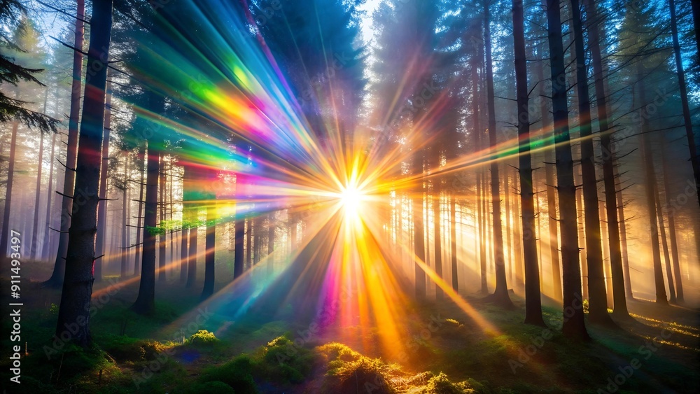 Fototapeta premium Prismatic Lens Flare in a Misty Forest AI Generated