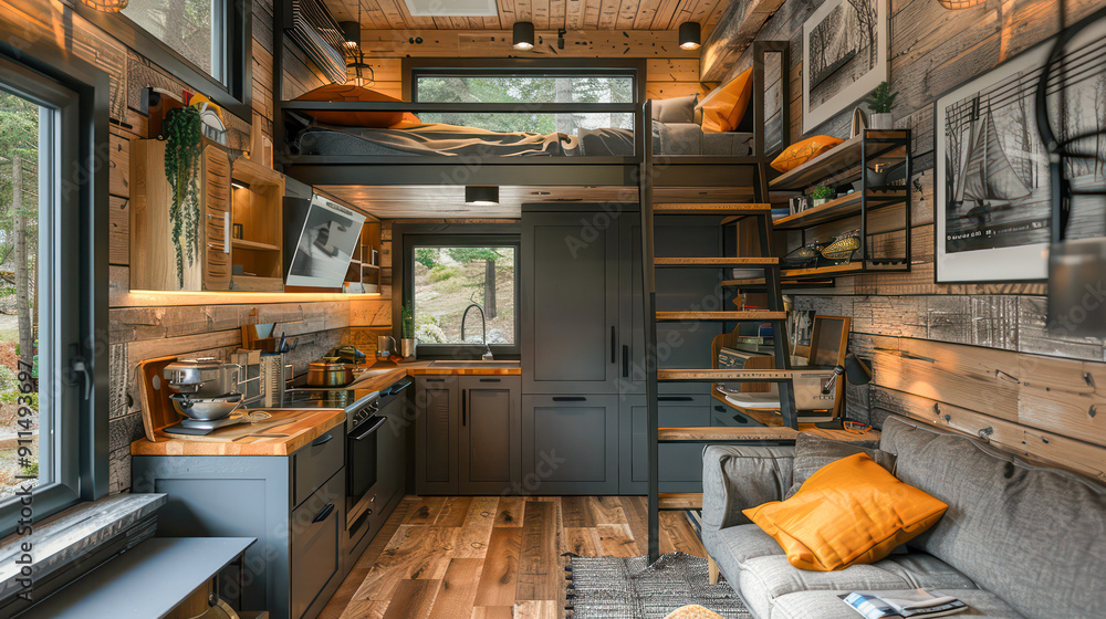 A tiny house interior with architectural design and stairs are going to the floor beding. Generative AI A tiny house interior with architectural design and stairs are going to the floor beding. Generative AI