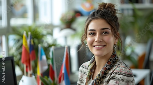 A friendly customer service agent, engaged in multilingual support with flags on their desk, in a bright, airy office. The background includes large windows and plants,