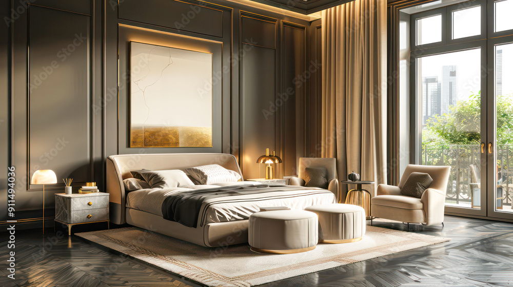A serene bedroom features a luxurious bed with plush bedding.Generative AI A serene bedroom features a luxurious bed with plush bedding.Generative AI