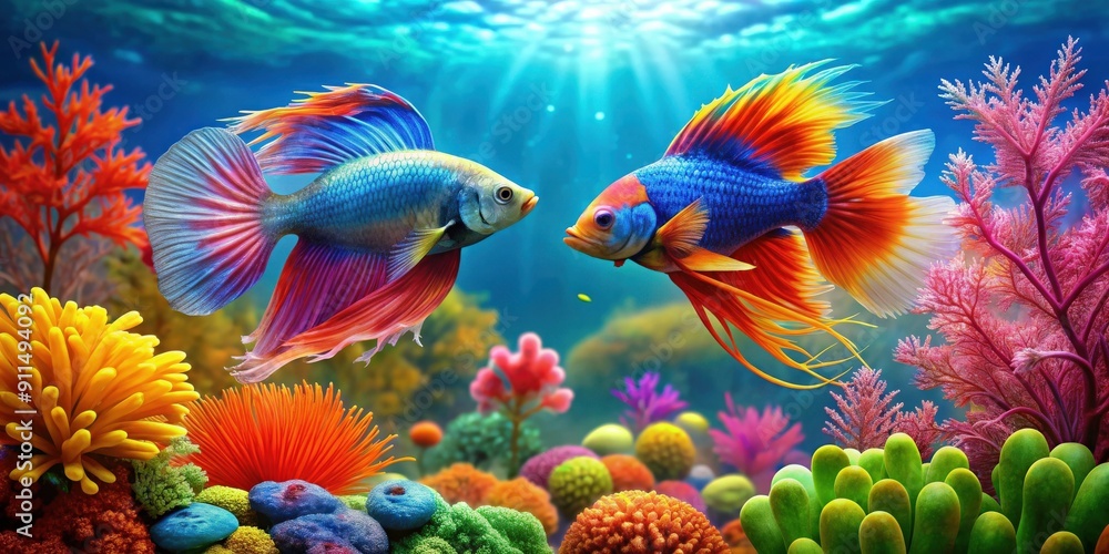 Vibrant background with two colorful fighting fish swimming among coral reefs and sea plants, fighting fish Vibrant background with two colorful fighting fish swimming among coral reefs and sea plants, fighting fish