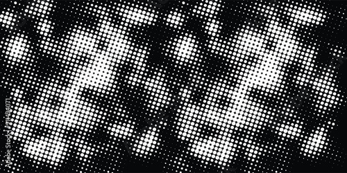 Grunge halftone gradient background. Faded grit noise texture. White and black sand wallpaper. Retro pixelated backdrop. Anime or manga style comic overlay. Vector graphic design textured template