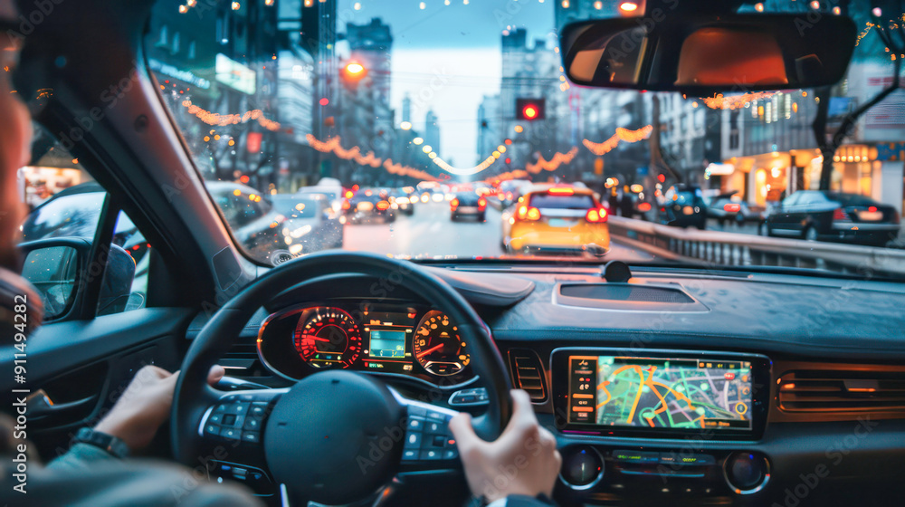 A man driving a car with a GPS device. Suitable for automotive, technology, and travel concepts. Generative AI A man driving a car with a GPS device. Suitable for automotive, technology, and travel concepts. Generative AI