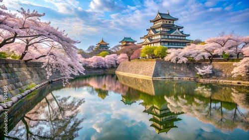 Osaka Castle Bathed in the Radiant Glow of Spring's Full Bloom Generative AI