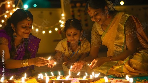 A vibrant festival of lights during Deepavali, families lighting diyas outside their homes, intricate rangoli patterns on the ground. photo