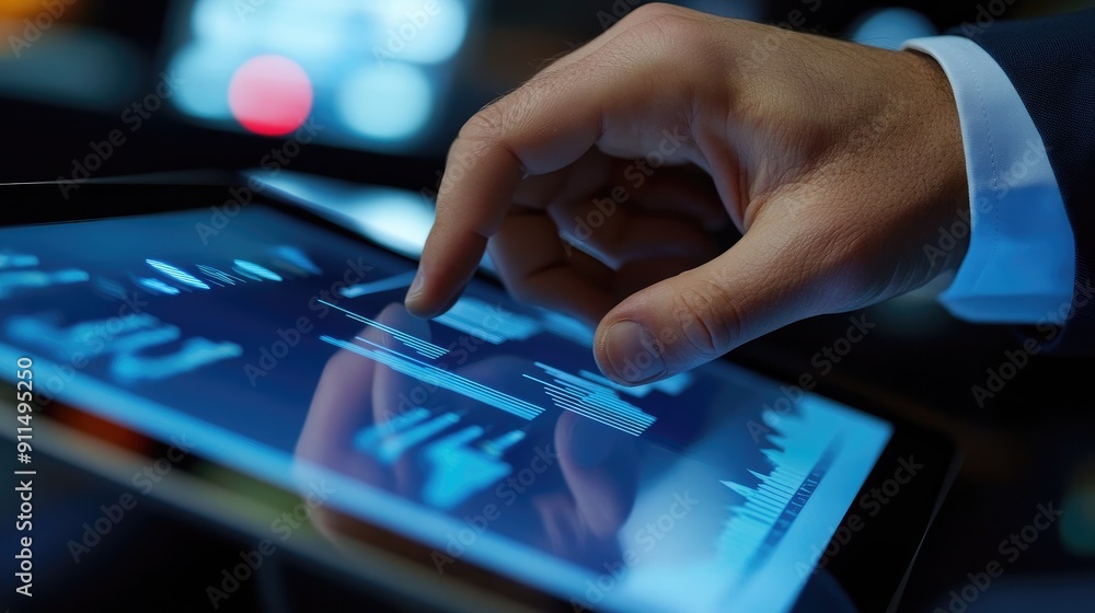 Close up businessman hand touching on screen of digital tablet Close up businessman hand touching on screen of digital tablet