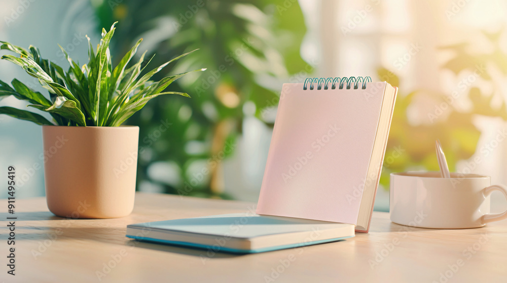 A white notebook sits on a table next to a potted plant. The notebook is open to a blank page, and a pen is resting on the table. Concept of productivity and focus, as the notebook. A white notebook sits on a table next to a potted plant. The notebook is open to a blank page, and a pen is resting on the table. Concept of productivity and focus, as the notebook.