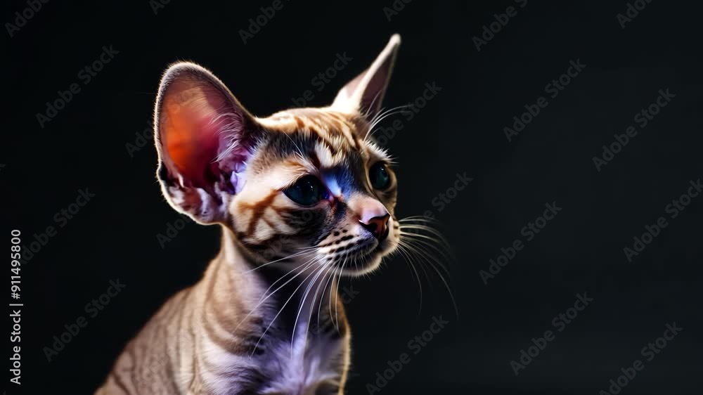 Close-up portrait of a bengal cat with big ears against a black background Close-up portrait of a bengal cat with big ears against a black background