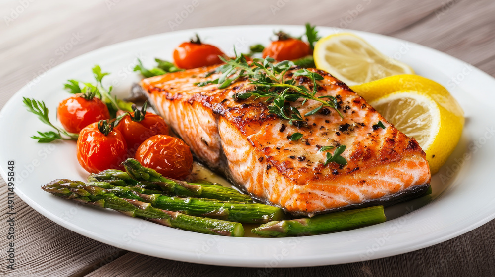 Grilled salmon with asparagus, tomatoes, and lemon on a white plate. Grilled salmon with asparagus, tomatoes, and lemon on a white plate.