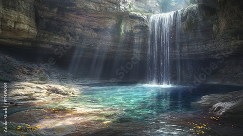 Depict waterfalls cascading into crystal-clear pools within the cave, adding dynamic movement and a sense of freshness to the underground landscape.