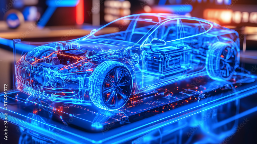 Car structure with blue hologram style showing visible components and control system, featuring an electric car with transparent glass and metal, illuminated interior lights, close-up view with high d Car structure with blue hologram style showing visible components and control system, featuring an electric car with transparent glass and metal, illuminated interior lights, close-up view with high d