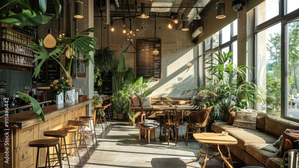 Fototapeta premium Cozy sunlit cafe room with a colorful couch, wooden furniture, and indoor plants creating a warm atmosphere.