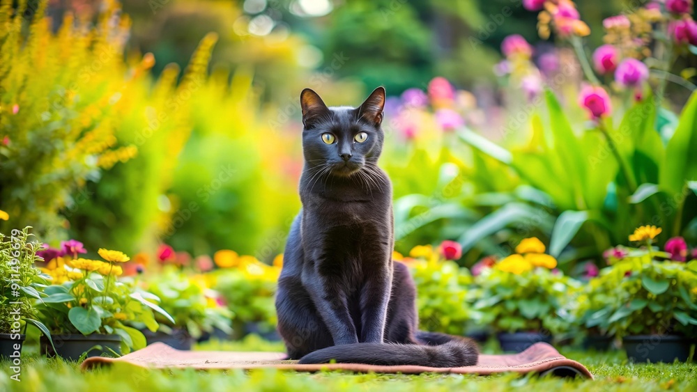 Zenith of Feline Flexibility: A Black Cat Embraces the Art of Yoga in a Serene Garden Setting generative AI Zenith of Feline Flexibility: A Black Cat Embraces the Art of Yoga in a Serene Garden Setting generative AI