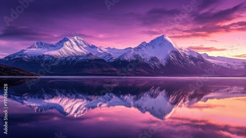 Stunning sunset scene with snow-capped mountains mirrored in a calm lake, under a purple-hued sky